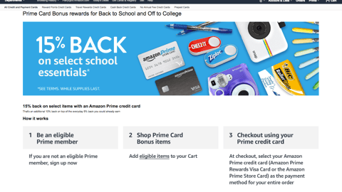 Amazon 'Prime Card Bonus Rewards' Page
